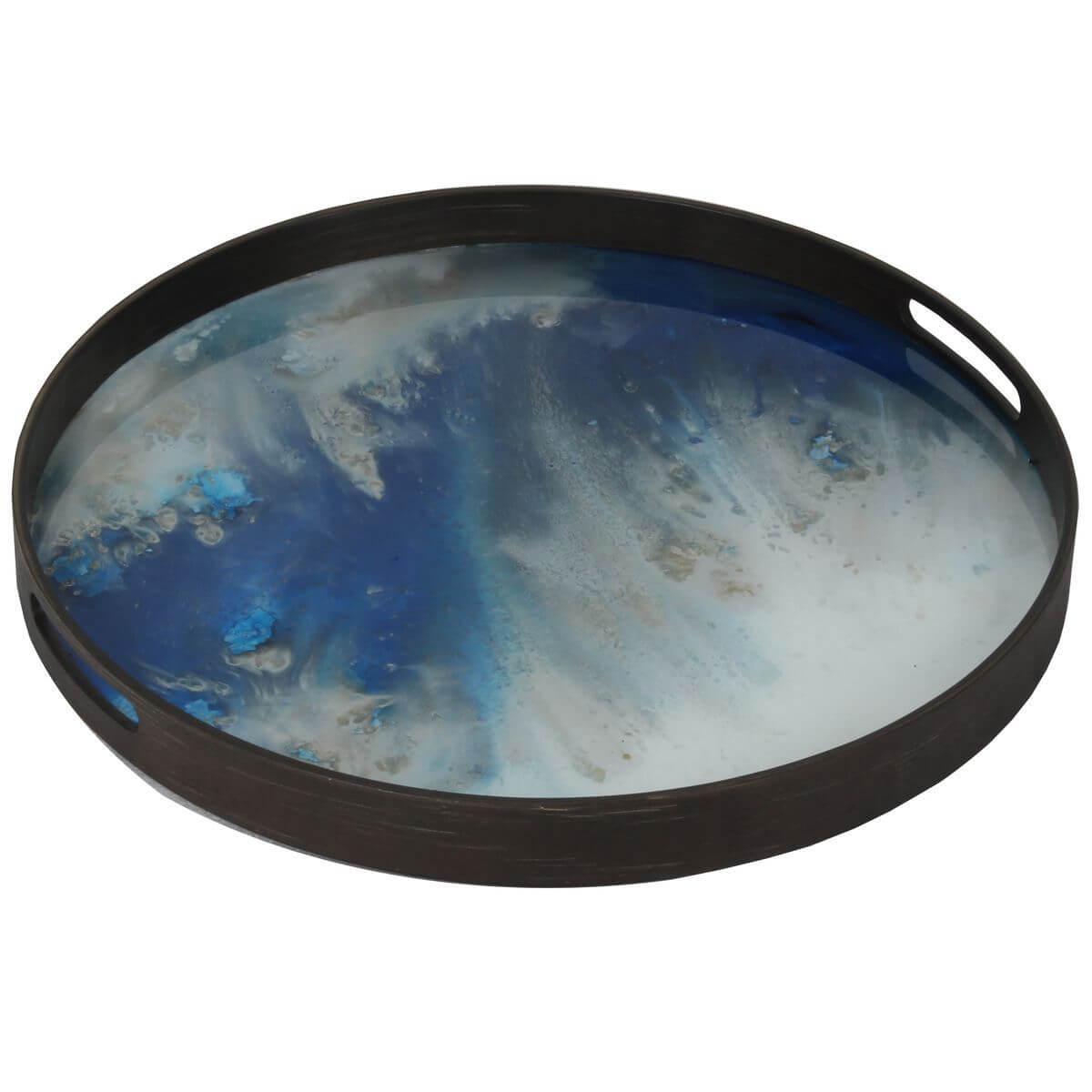 Plateau rond 48cm S TRIBAL QUEST Ethnicraft Blue Mist Organic glass