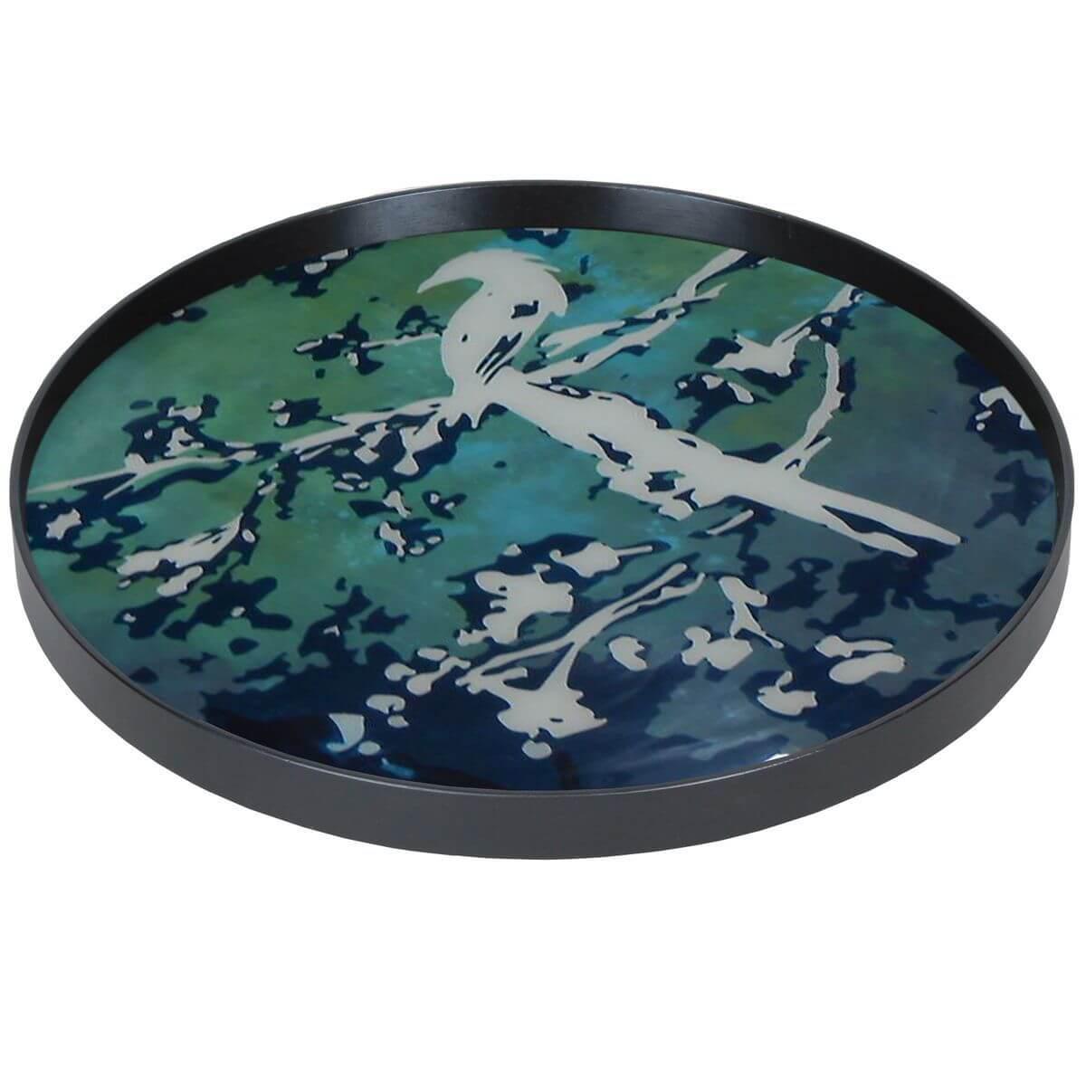 Plateau rond 61cm L OCEAN BLUE Ethnicraft Birds of Paradise glass